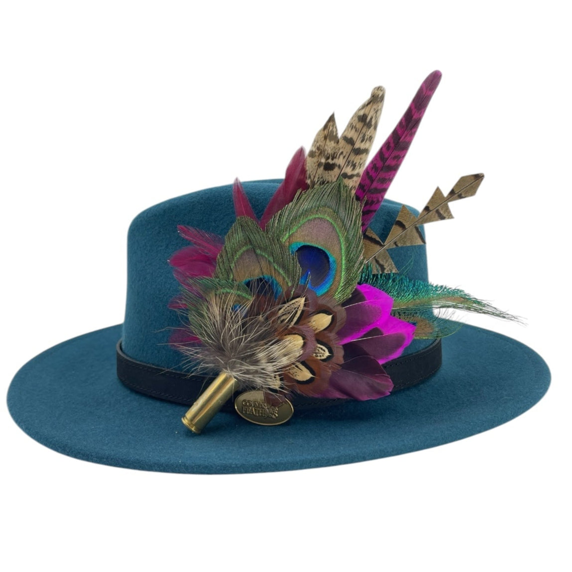 Teal, Cerise Pink, Wine & Natural Feather Hat Pin (CFP787)
