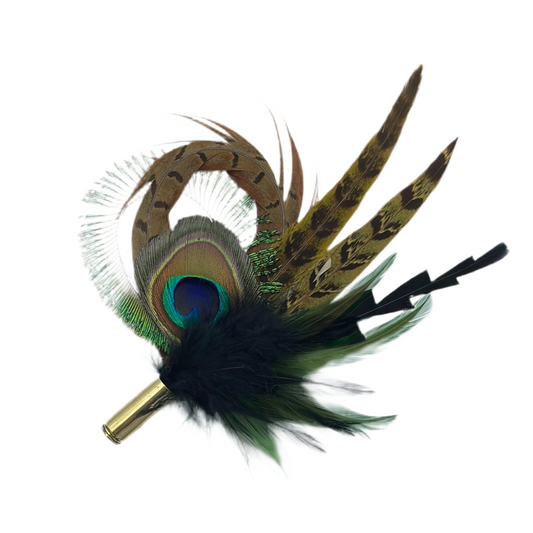 Peacock, Green, Black & Natural Feather Hat Pin (CFP388)