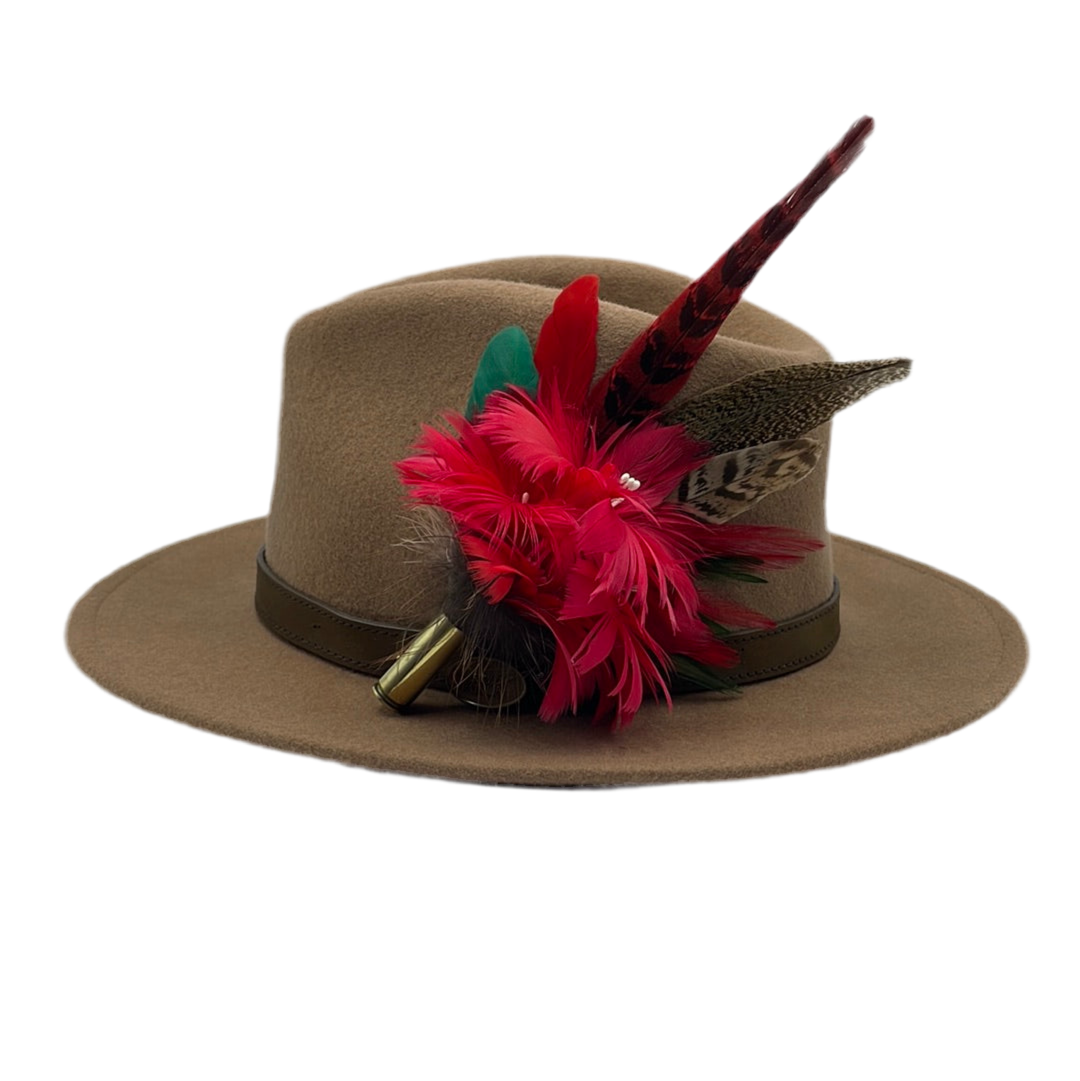 Red, Green & Natural Feather Hat Pin (CFP407)