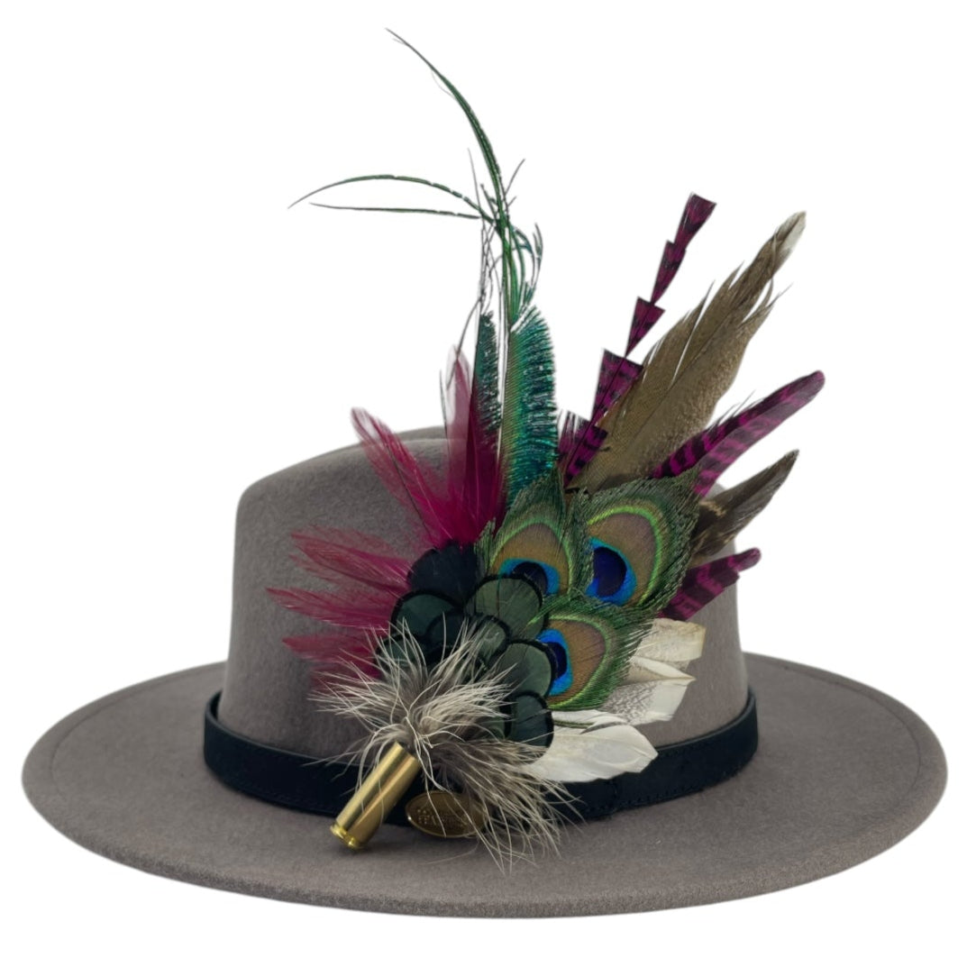 Cerise Pink, Wine, Teal & Natural Feather Hat Pin (CFP785)