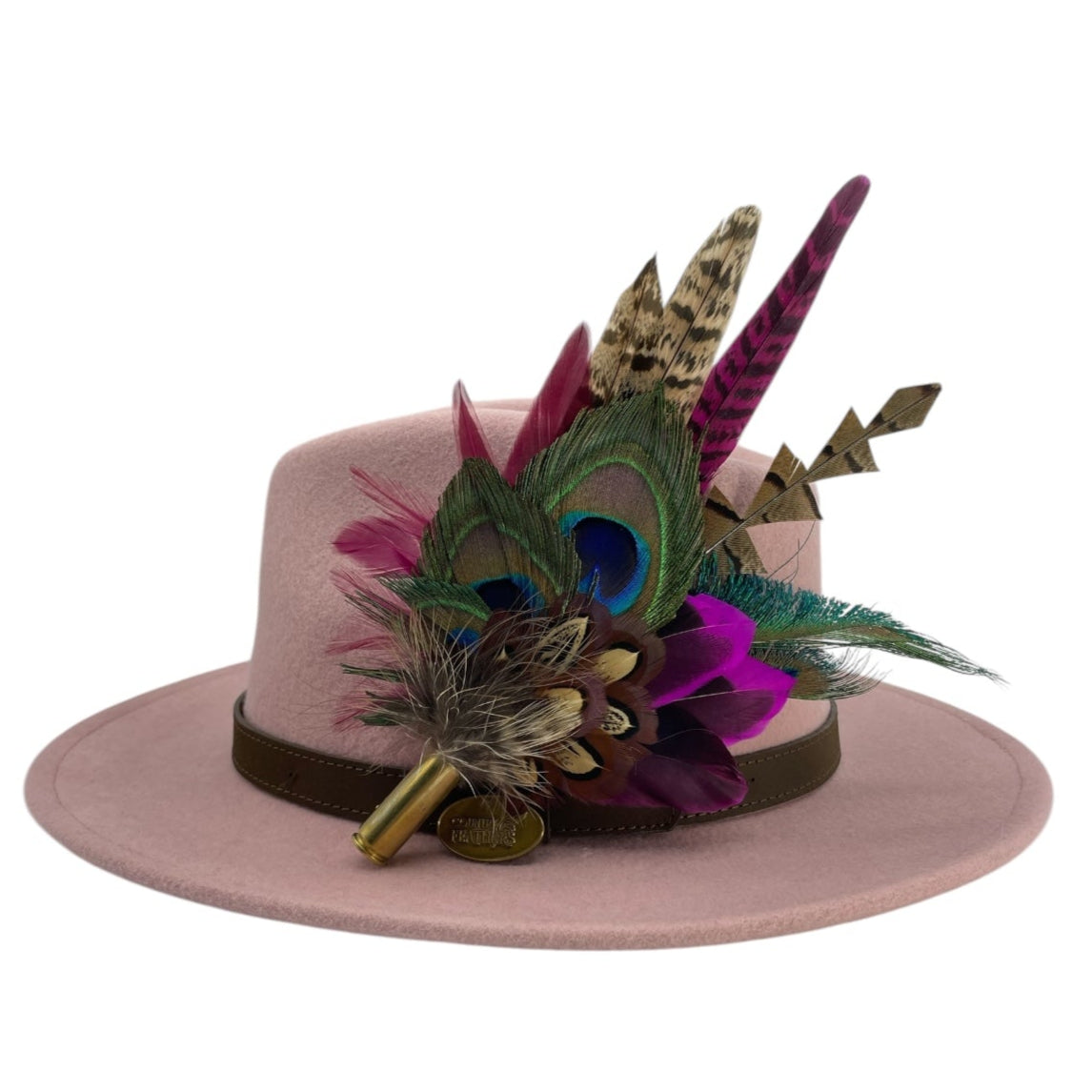 Teal, Cerise Pink, Wine & Natural Feather Hat Pin (CFP787)