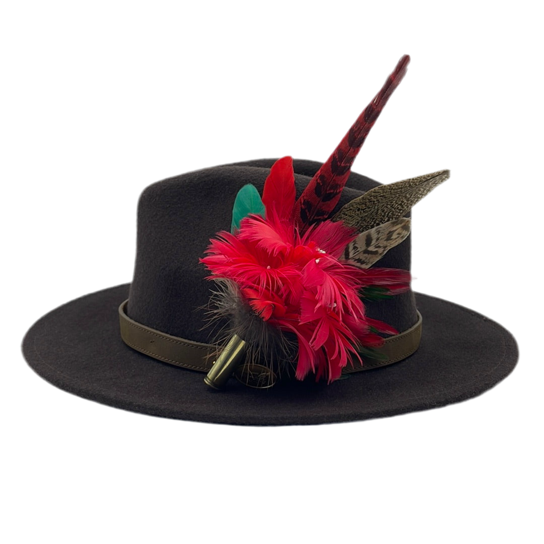 Red, Green & Natural Feather Hat Pin (CFP407)