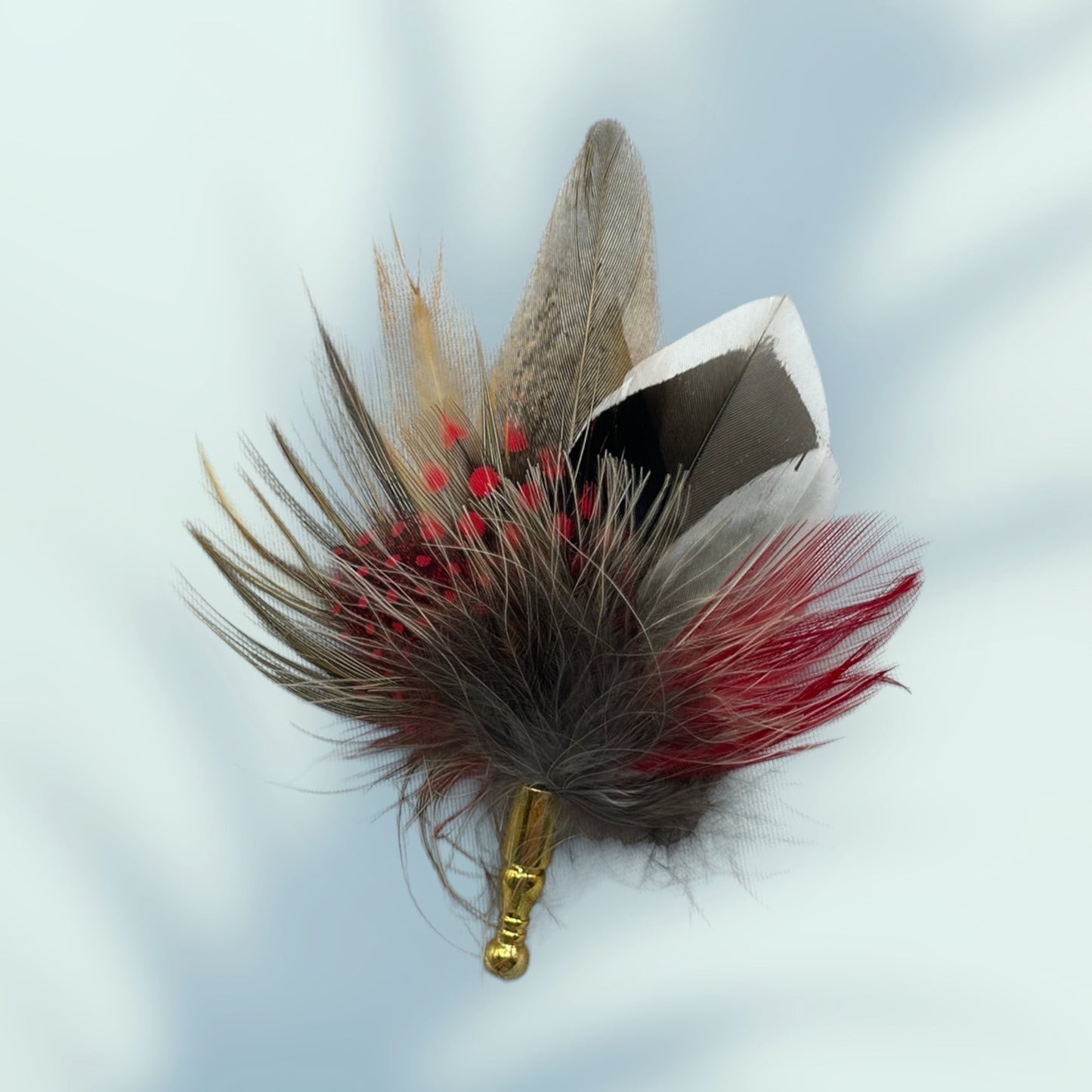 Red & Natural Feather Lapel Pin set in a Gold Clasp (CFLP096)