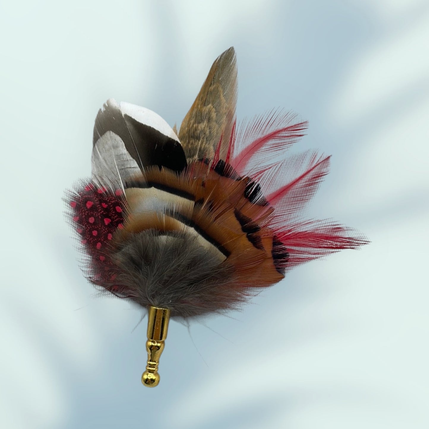 Red & Natural Feather Lapel Pin set in a Gold Clasp (CFLP095)