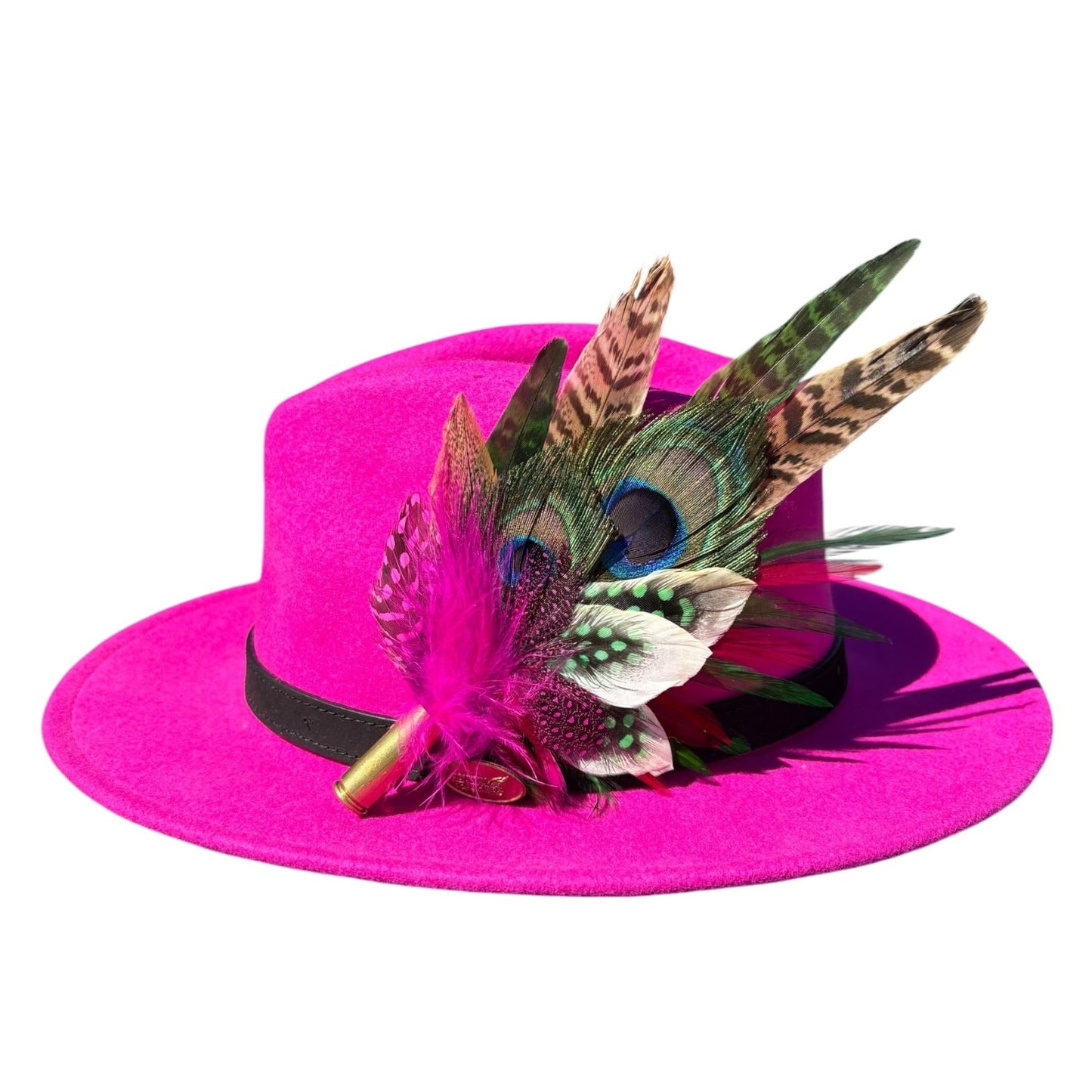 Cerise Pink, Green and Natural Feather Hat Pin CFP855