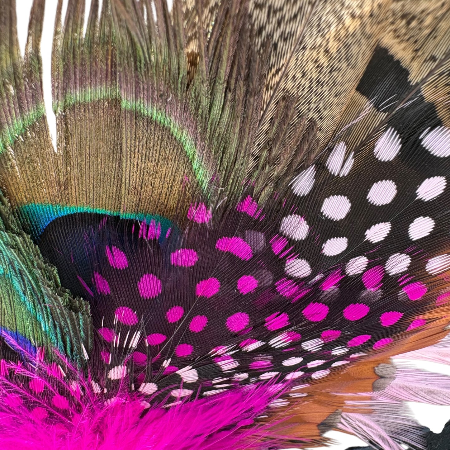 Peacock, Cerise Pink and Light Pink Feather Hat Pin CFP864