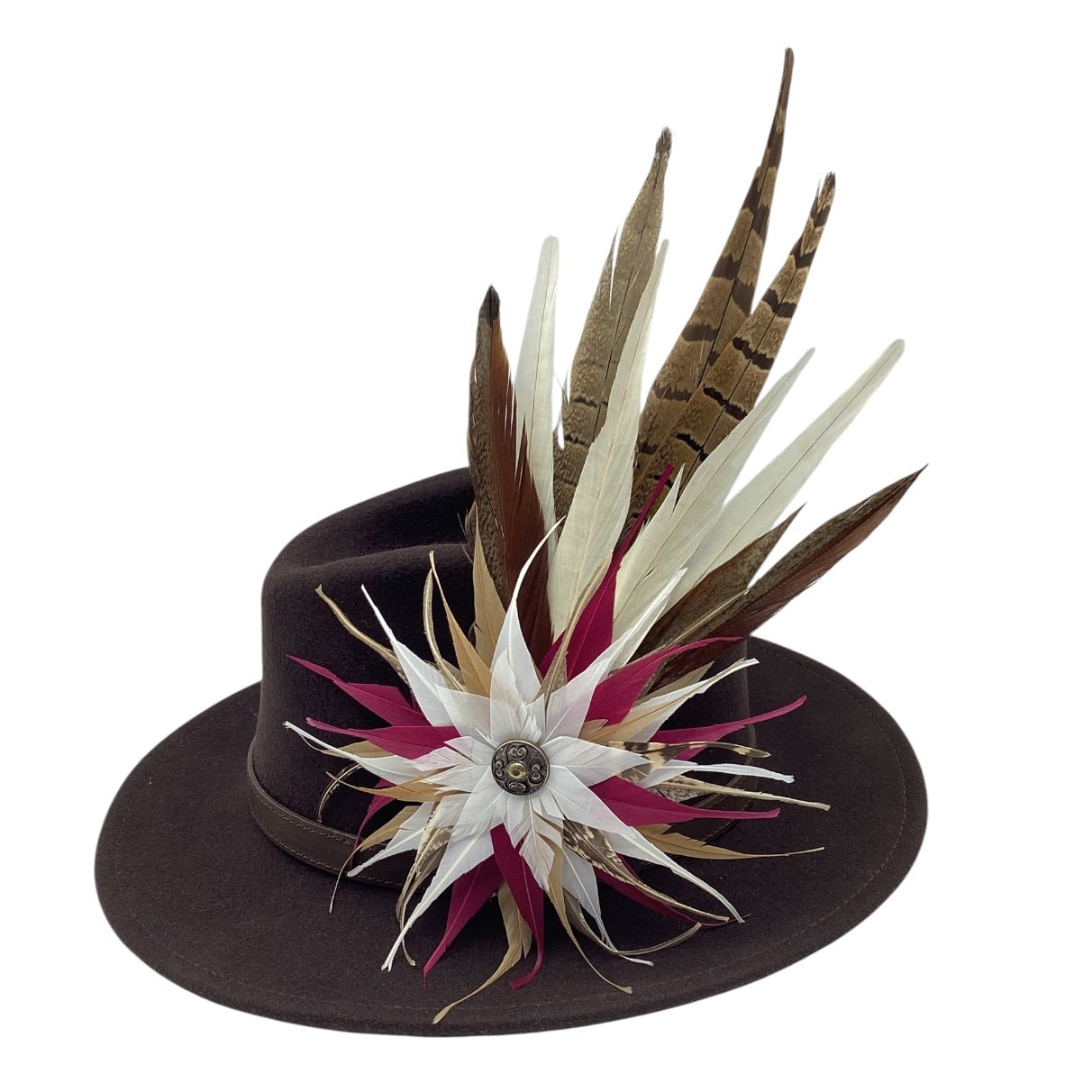 Magenta, Gold, White and Natural Feather Hat Pin (CFP838)