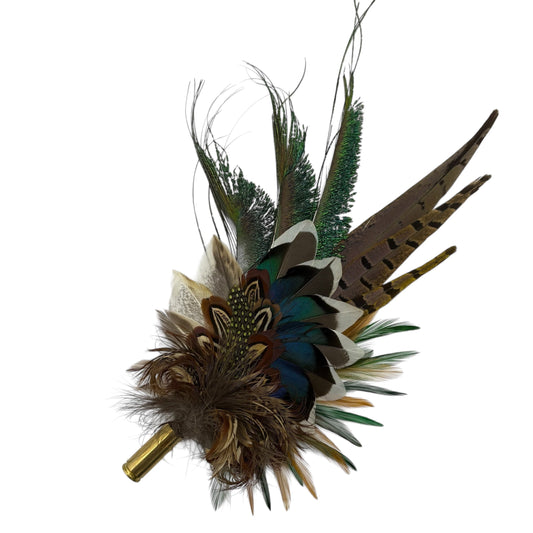 Teal, natural, brown, blue, green & gold Feather Hat Pin (CFP796)