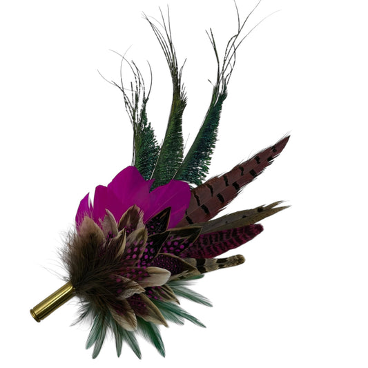 Cerise pink, teal, green & natural Feather Hat Pin (CFP798)