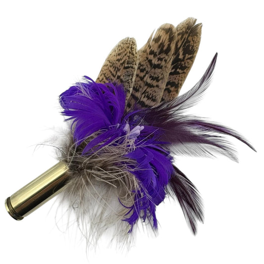 EX DISPLAY REDUCED PRICE. Purple, white and natural Feather Hat Pin (CFP644)