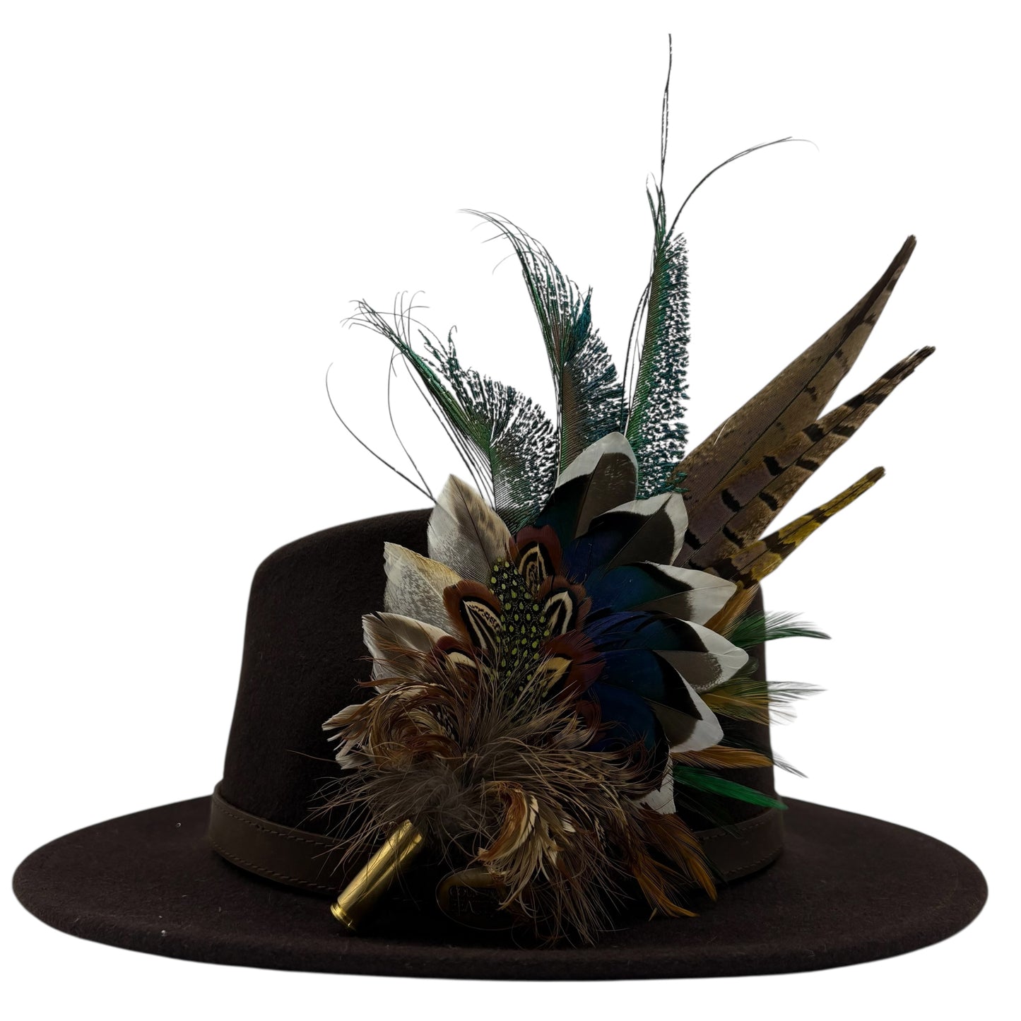 Teal, natural, brown, blue, green & gold Feather Hat Pin (CFP796)