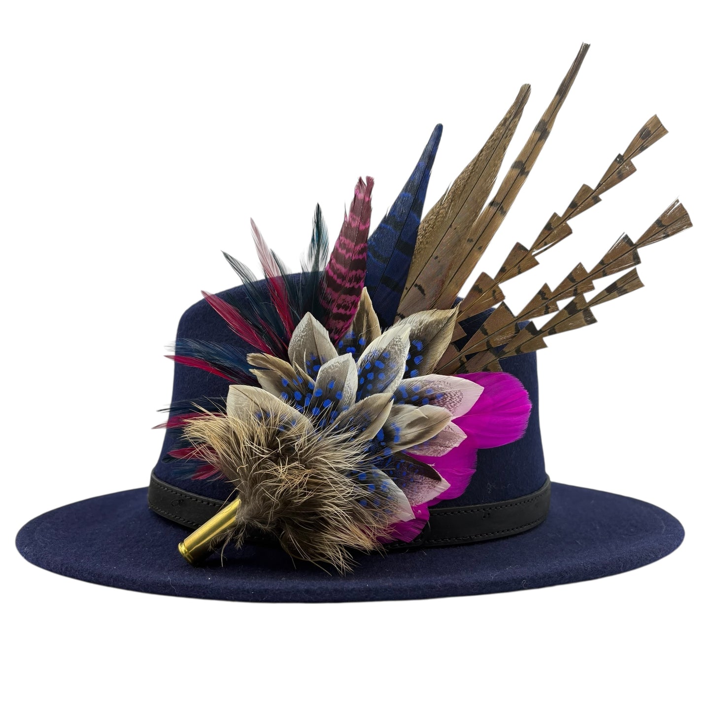 Navy, natural, cerise pink & white Feather Hat Pin (CFP793)