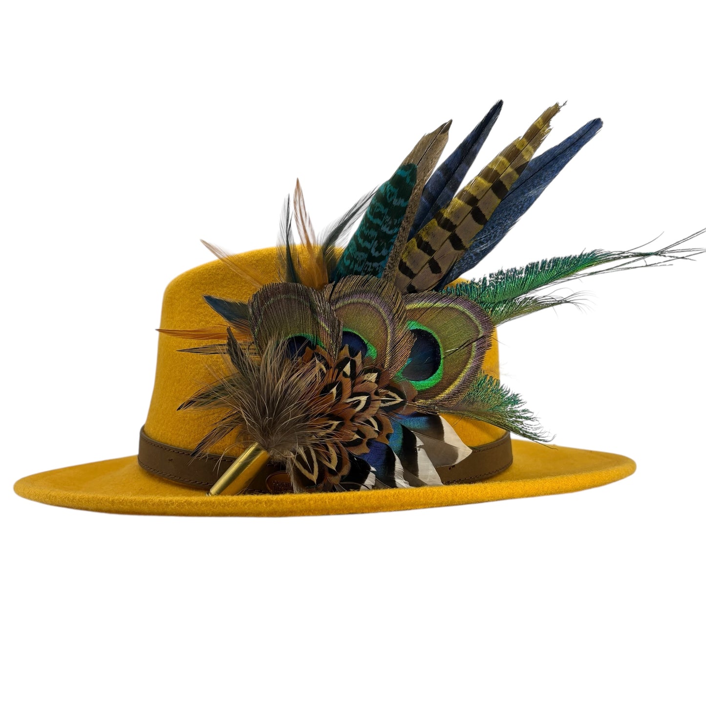 Mustard, navy, teal, green & natural Feather Hat Pin (CFP800)