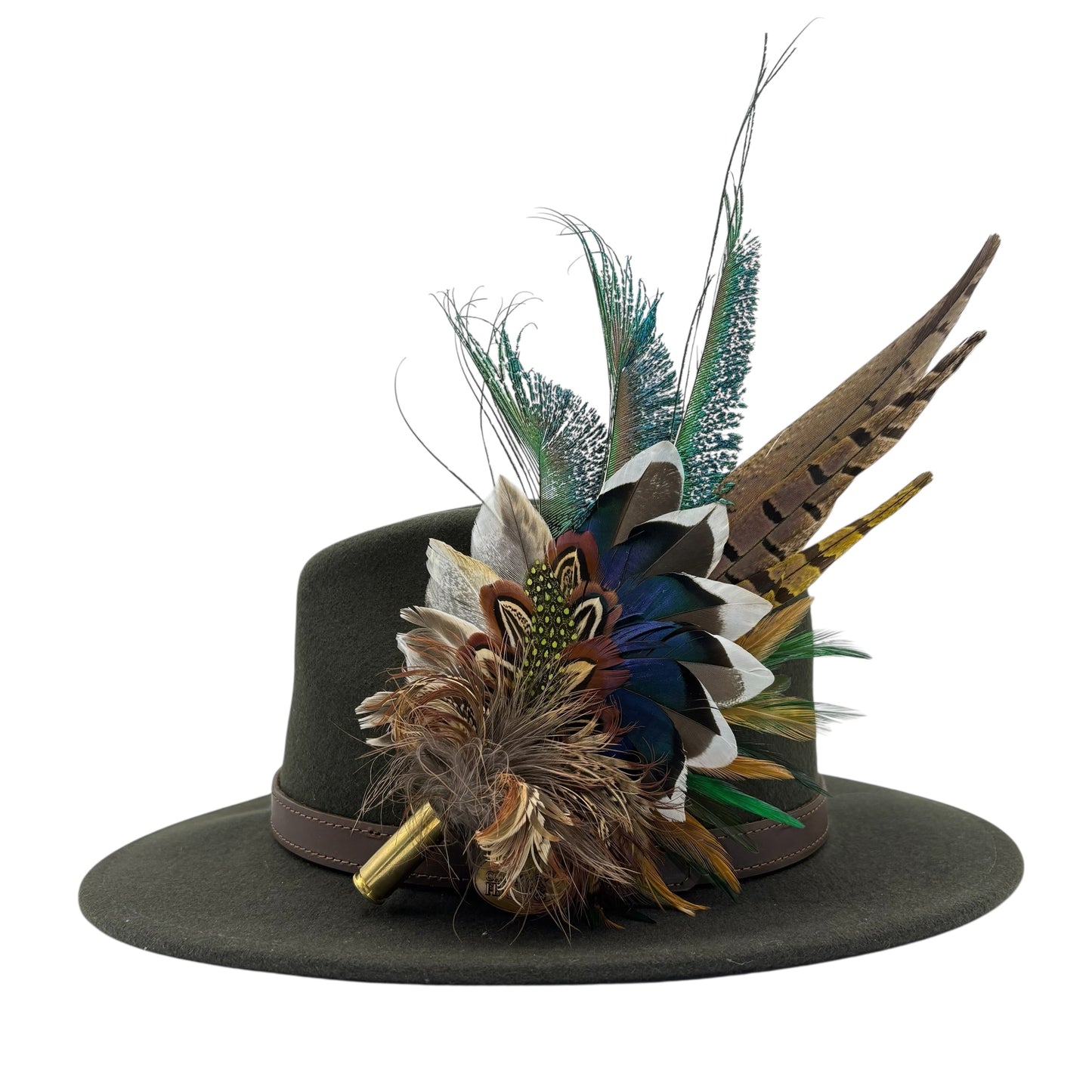 Teal, natural, brown, blue, green & gold Feather Hat Pin (CFP796)