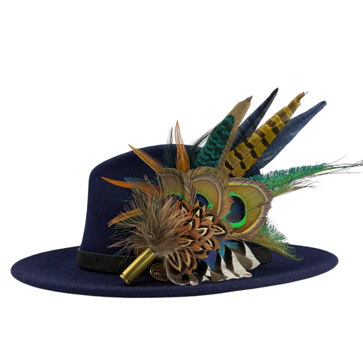 Mustard, navy, teal, green & natural Feather Hat Pin (CFP800)