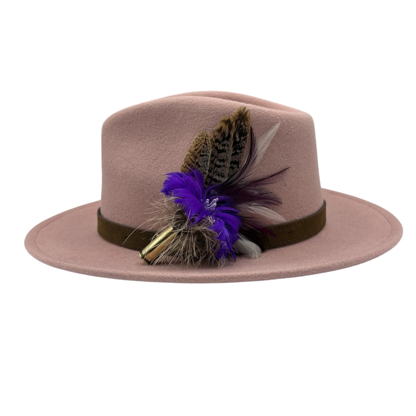 EX DISPLAY REDUCED PRICE. Purple, white and natural Feather Hat Pin (CFP644)