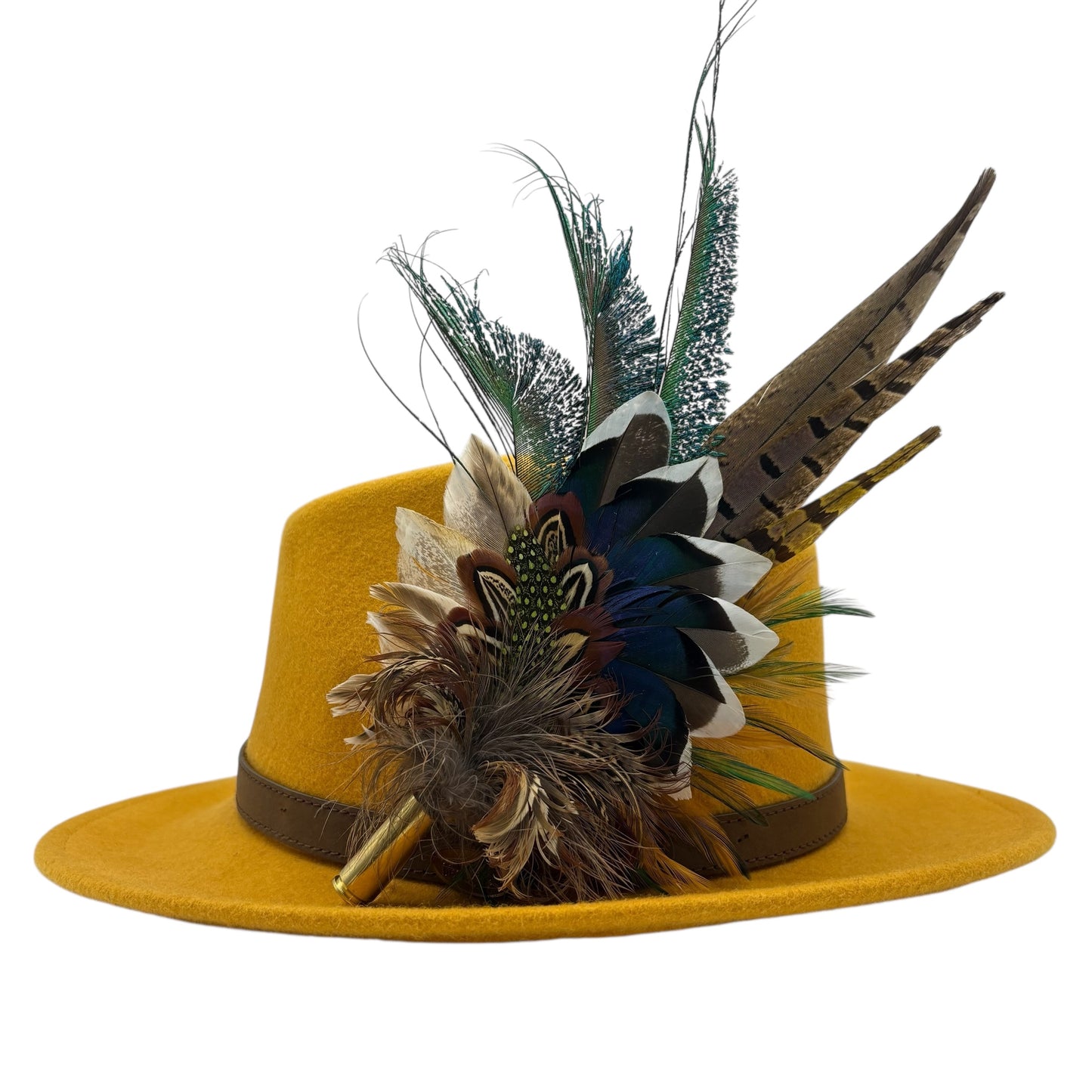Teal, natural, brown, blue, green & gold Feather Hat Pin (CFP796)