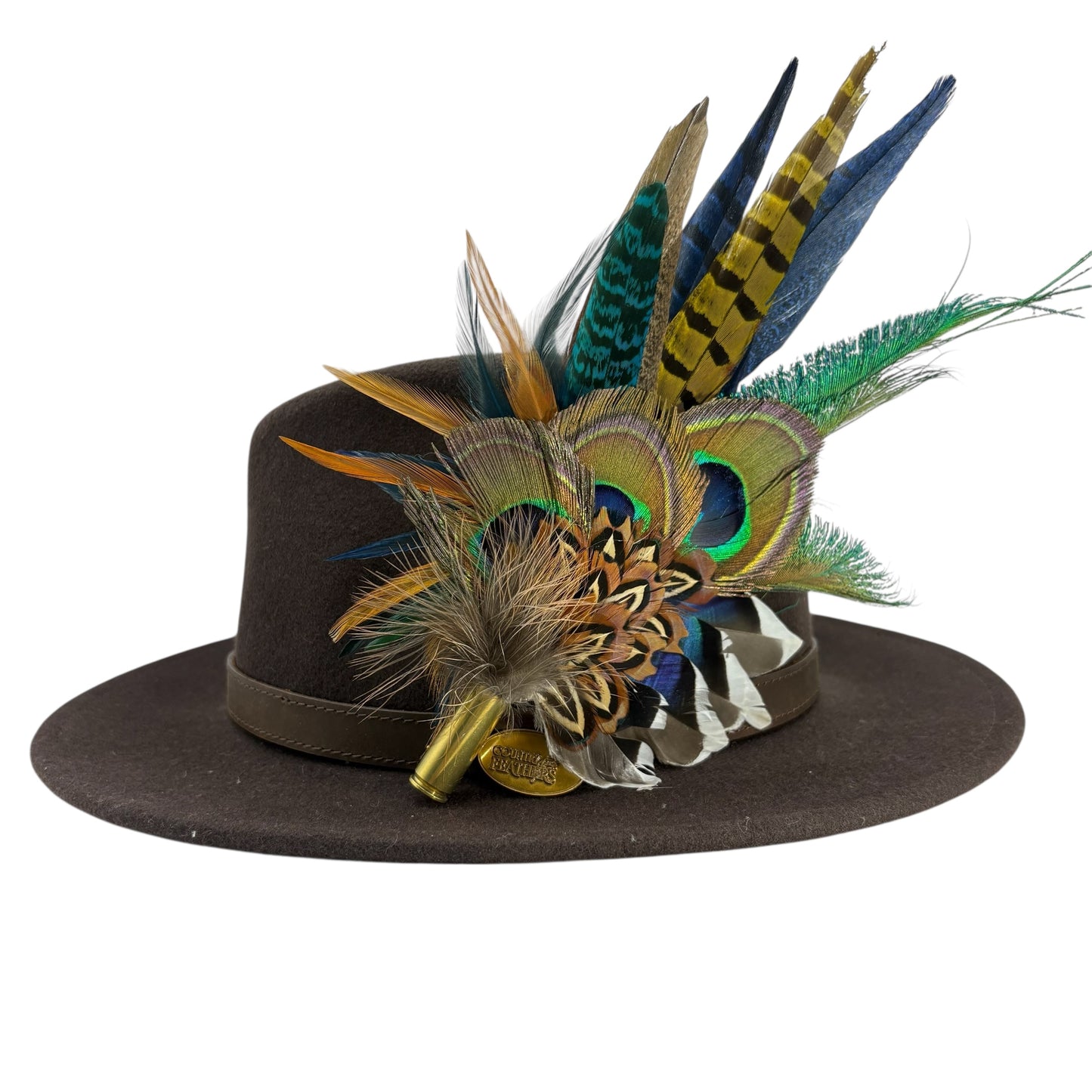 Mustard, navy, teal, green & natural Feather Hat Pin (CFP800)