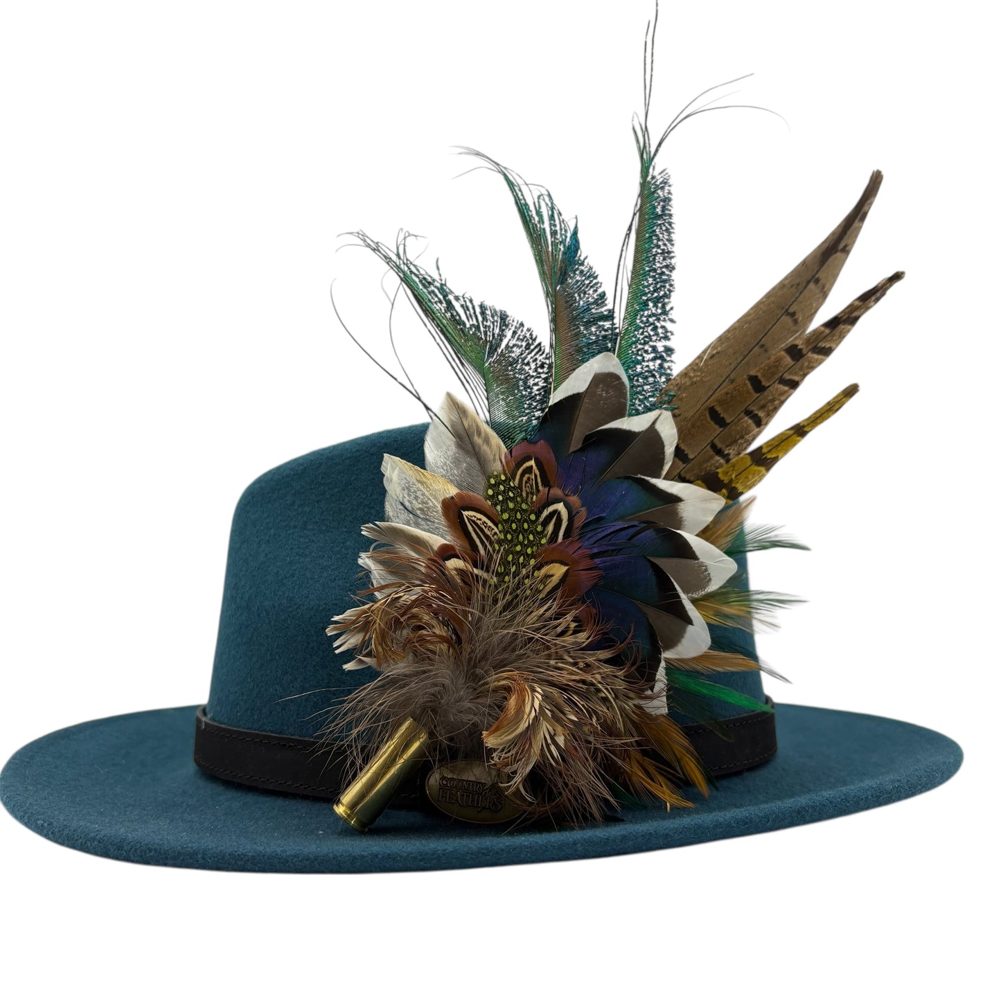 Teal, natural, brown, blue, green & gold Feather Hat Pin (CFP796)