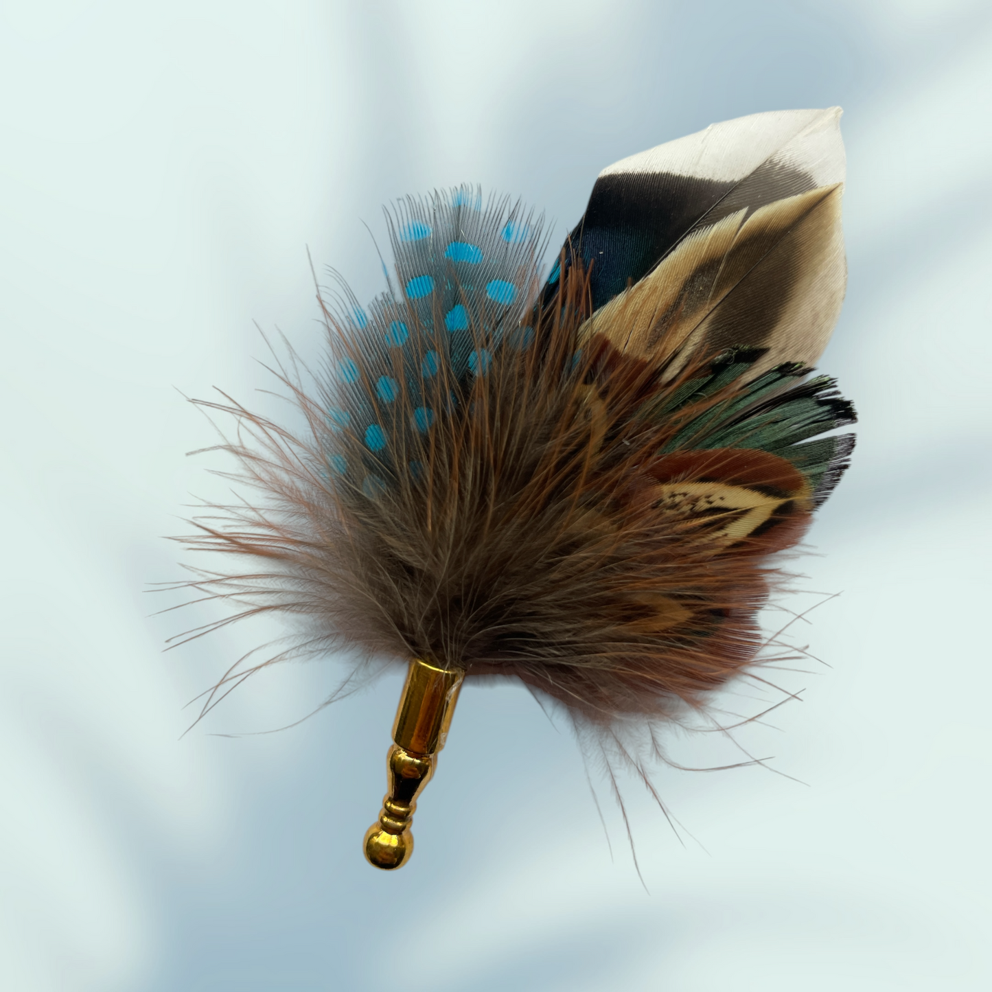 Turquoise, Peacock & Natural Feather Lapel Pin in a Gold Clasp (CFLP152)