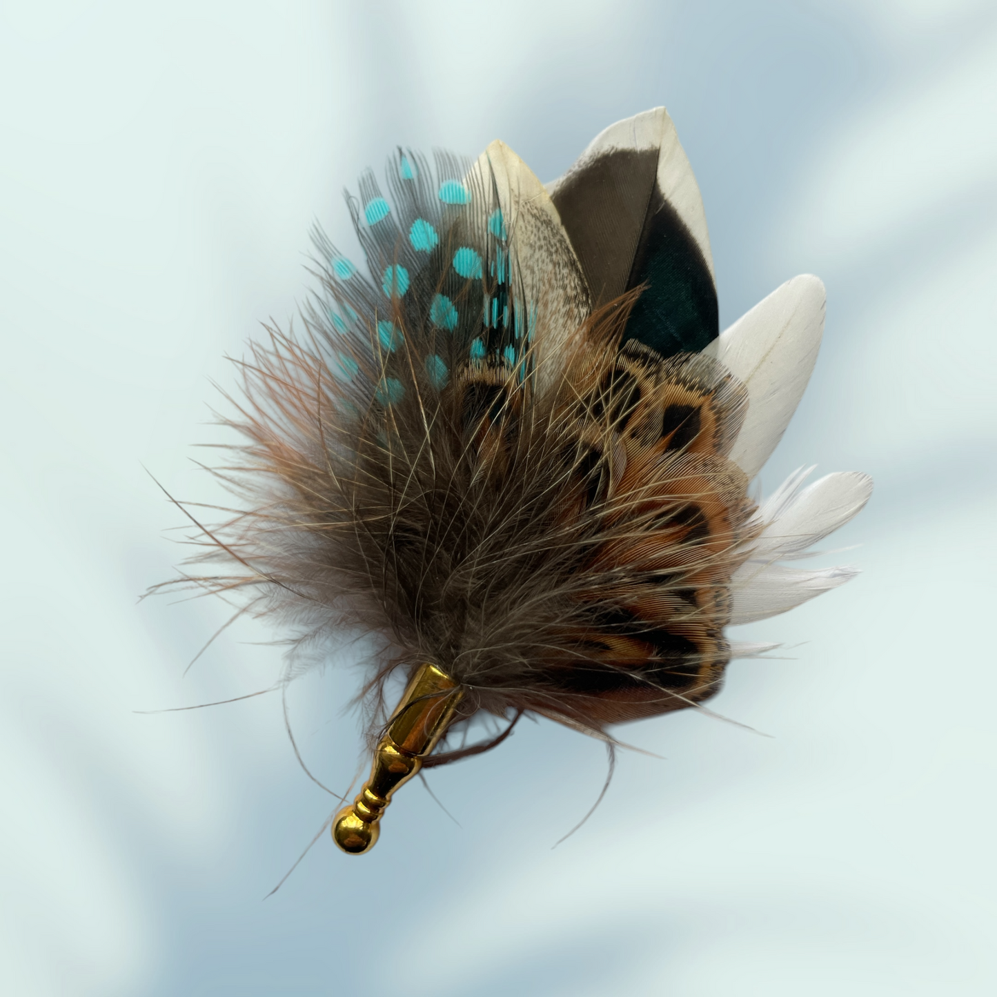Turquoise & Natural Feather Lapel Pin in a Gold Clasp (CFLP153)