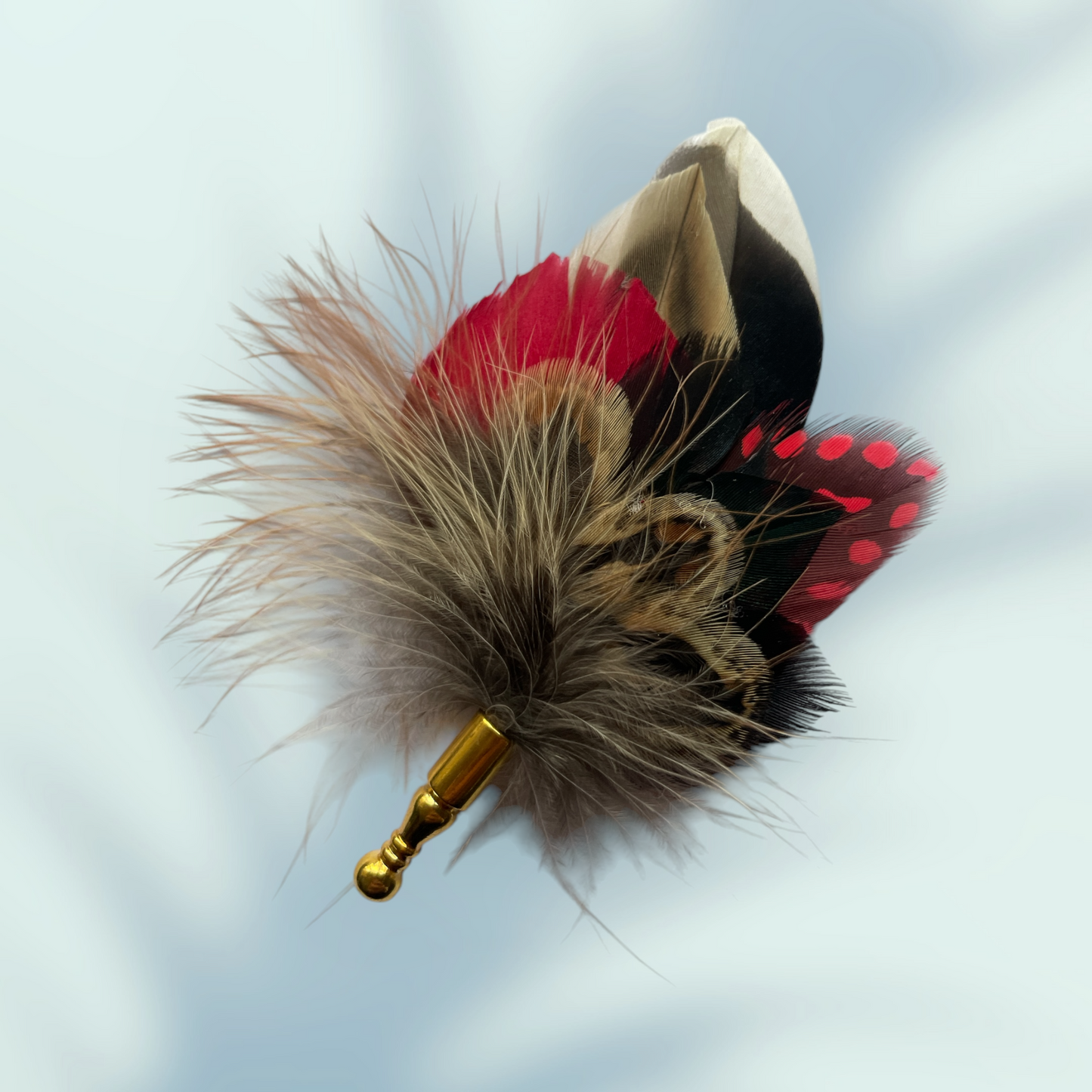 Red & Natural Feather Lapel Pin in a Gold Clasp (CFLP146)