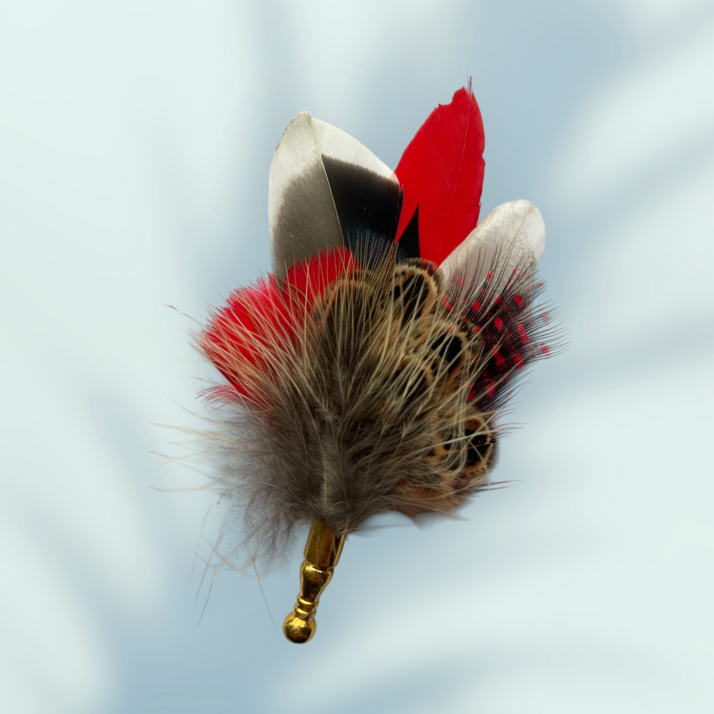 Red & Natural Feather Lapel Pin in a Gold Clasp (CFLP147)