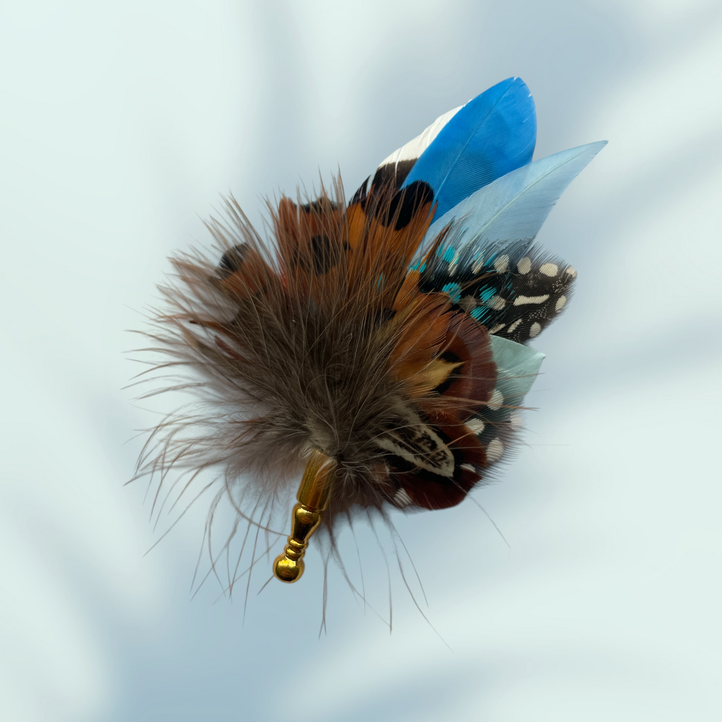 Blue & Natural Feather Lapel Pin set in a Gold Clasp (CFLP104)