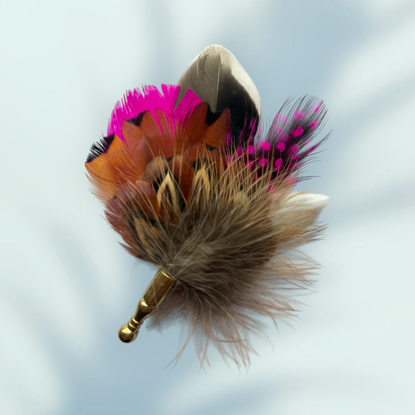 Cerise & Natural Feather Lapel Pin in a Gold Clasp (CFLP138)