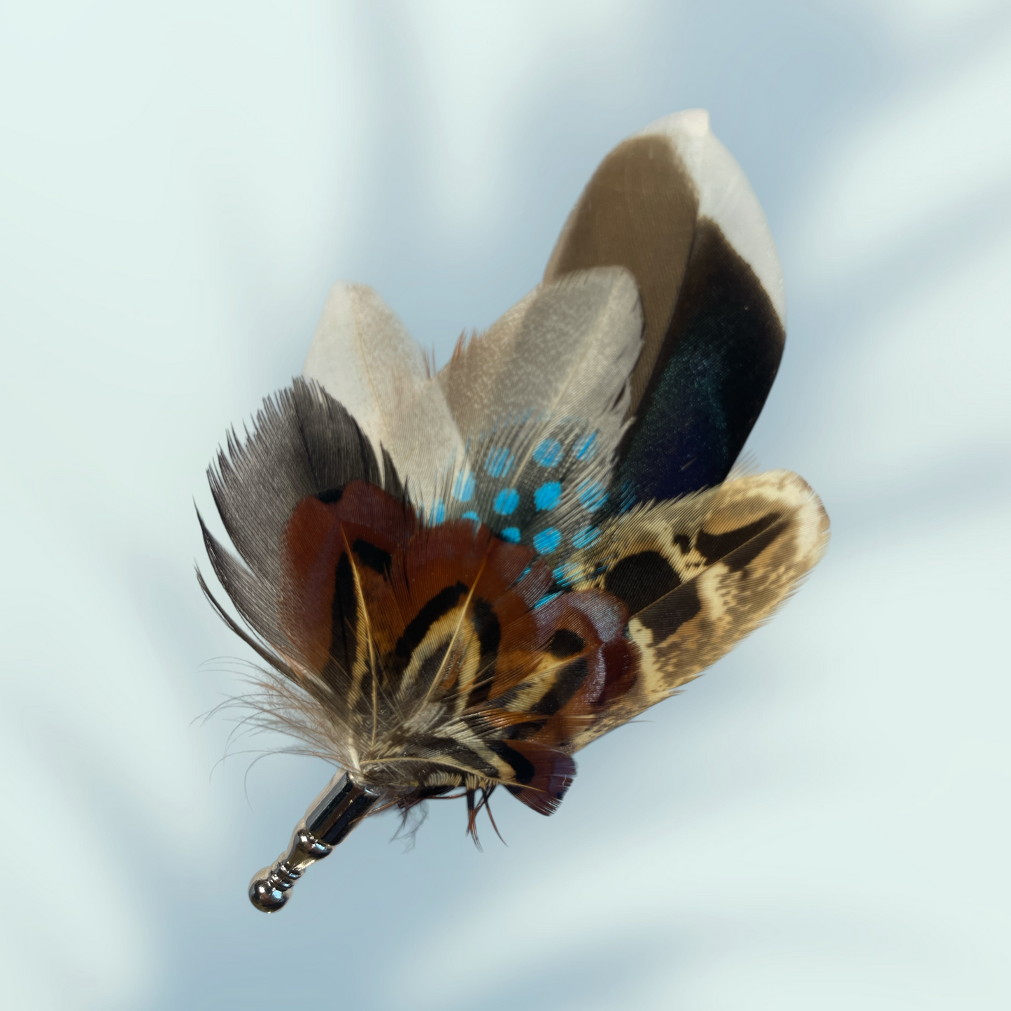 Teal & Natural Feather Lapel Pin in a Silver Clasp (CFLP163)