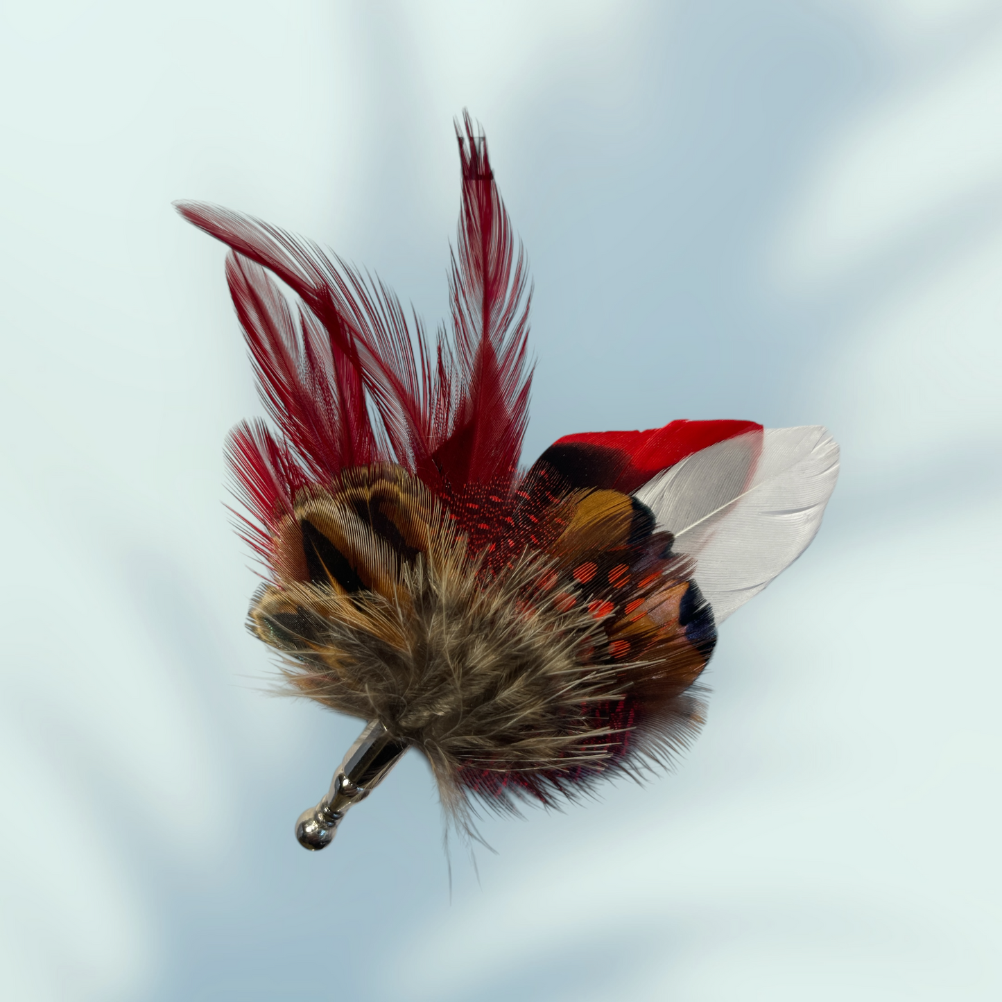 Red & Natural Feather Lapel Pin in a Silver Clasp (CFLP166)