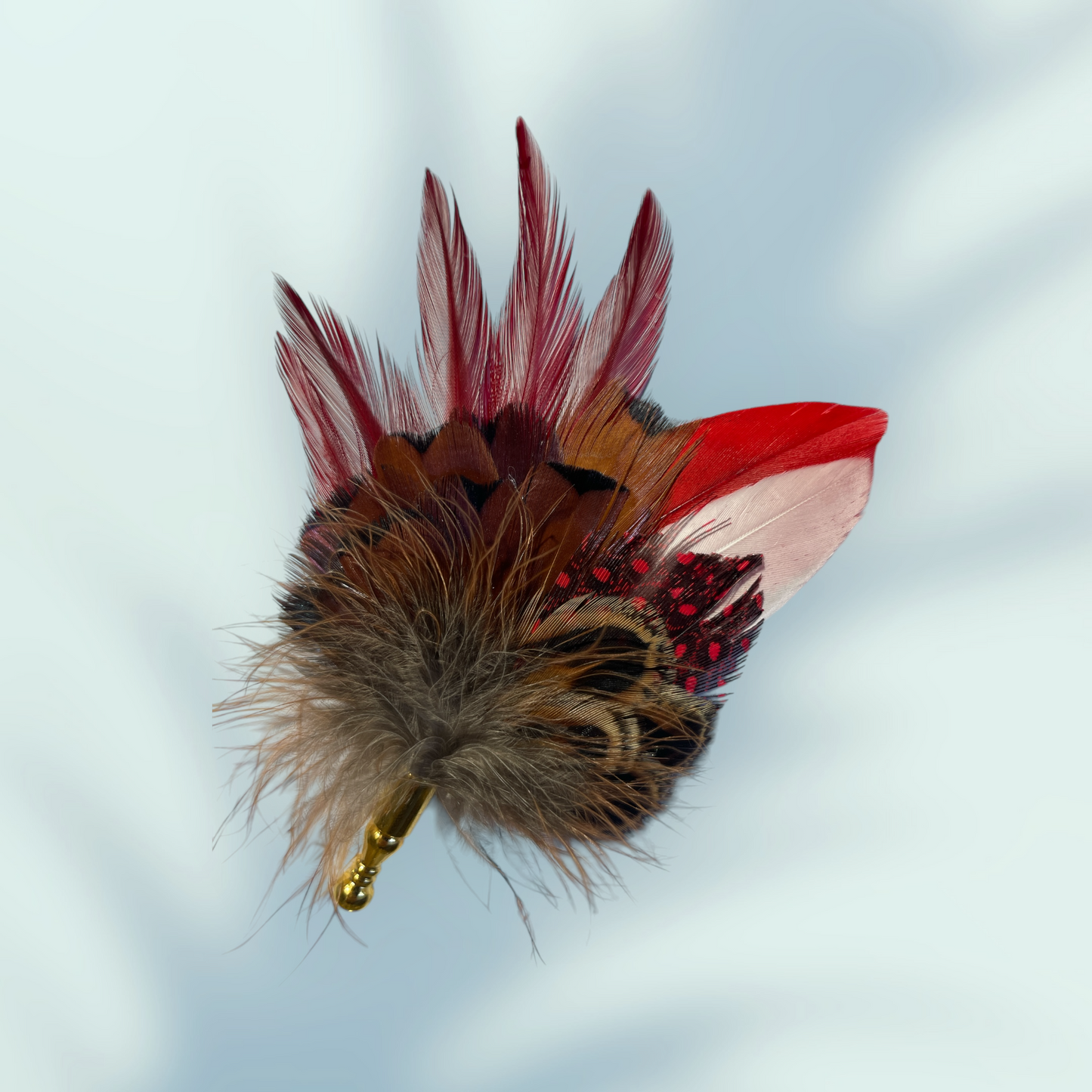 Red & natural Feather Lapel Pin in a Gold Clasp (CFLP168)