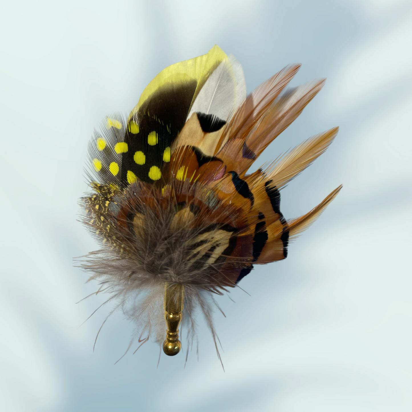 Yellow & Natural Feather Lapel Pin in a Gold Clasp (CFLP172)