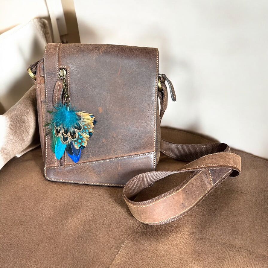 Teal, Royal Blue & Natural Feather Handbag Charm (CFHC6053)