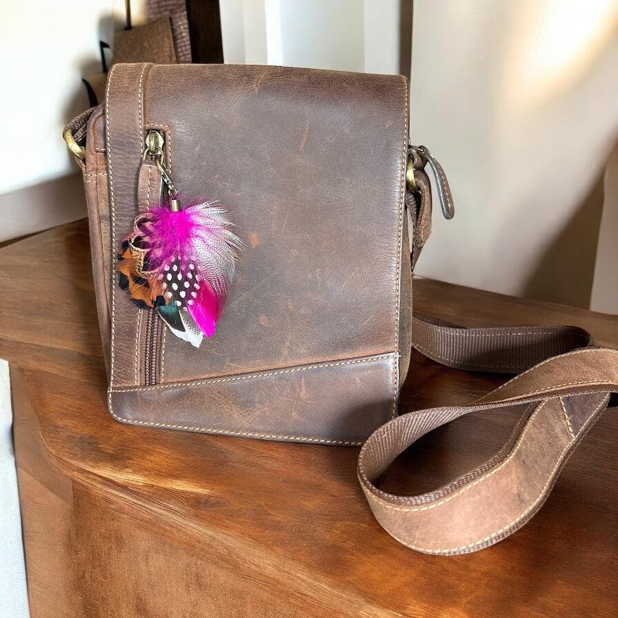 Cerise pink, light pink & Natural feather Handbag Charm (CFHC6046