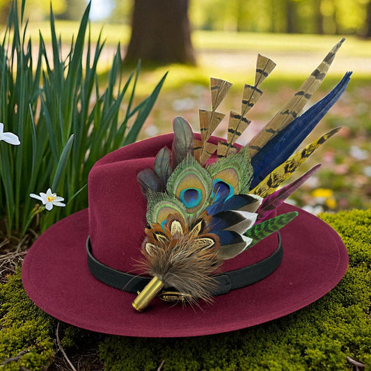 Navy, cerise pink, gold, green & natural Feather Hat Pin (CFP804)