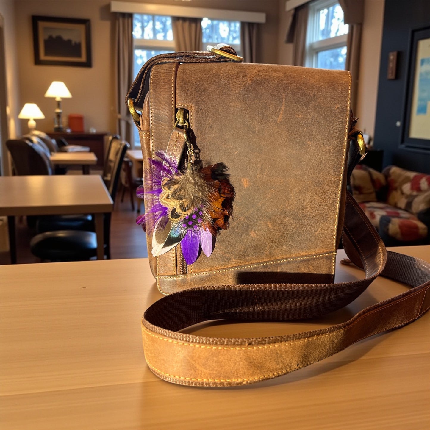 Purple and natural feather Handbag Charm CFHC6065