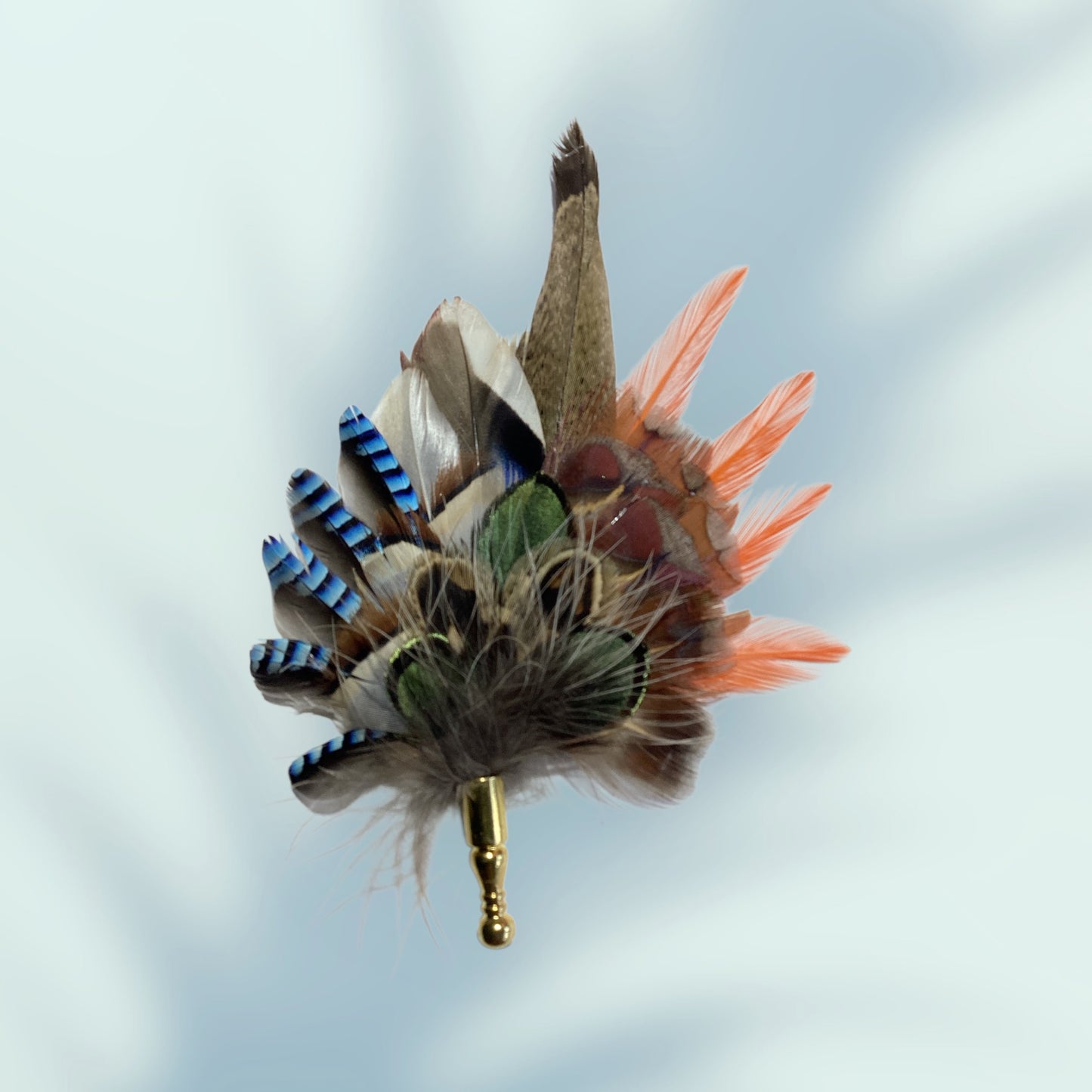 Orange, Blue & Natural Feather Lapel Pin CFLP225