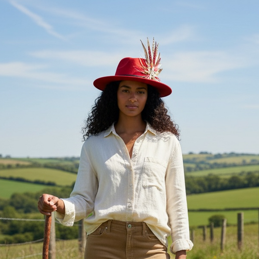 Red, Gold, white and Natural Feather Hat Pin (CFP839)