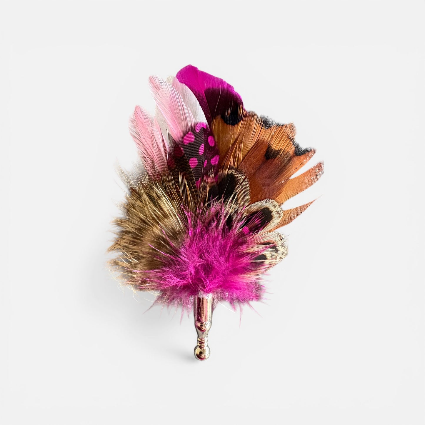Cerise Pink & Natural feather Lapel Pin in a silver Clasp (CFLP198)
