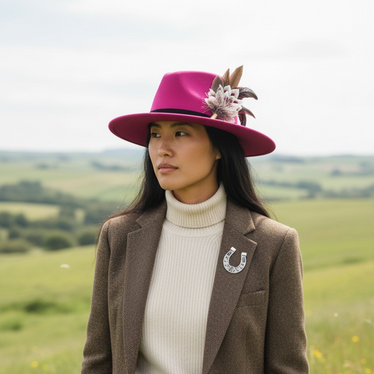 Wine, Cerise Pink and Natural Feather Hat Pin (CFP833)