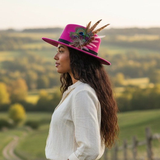 Peacock, Cerise and Light Pink Feather Hat Pin CFP867