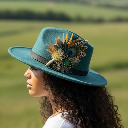 Teal, Peacock and Natural Feather Hat Pin CFP883