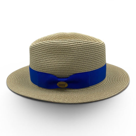 Fedora beige Straw Hat with Royal Blue Ribbon Band CFSH10