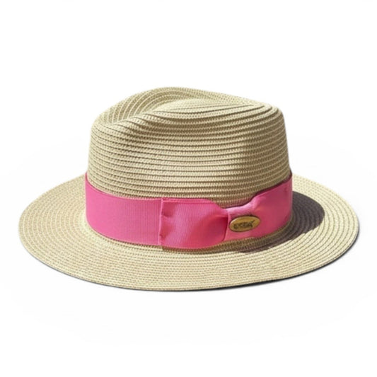 Fedora beige Straw Hat with Pink Ribbon Band CFSH12