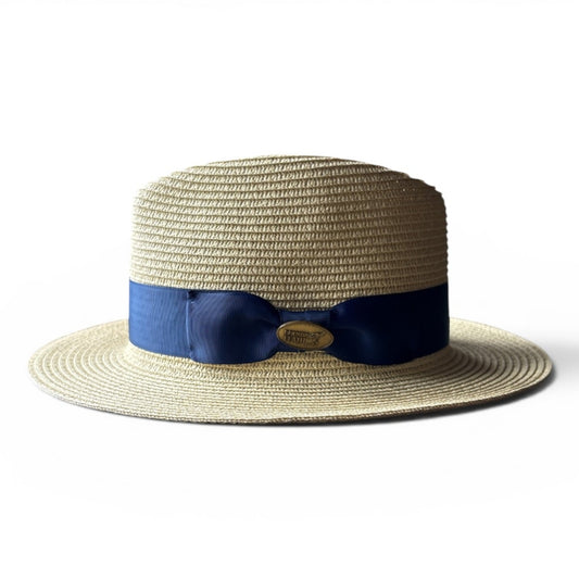 Fedora Beige Straw Hat with Navy Blue Ribbon Band CFSH09