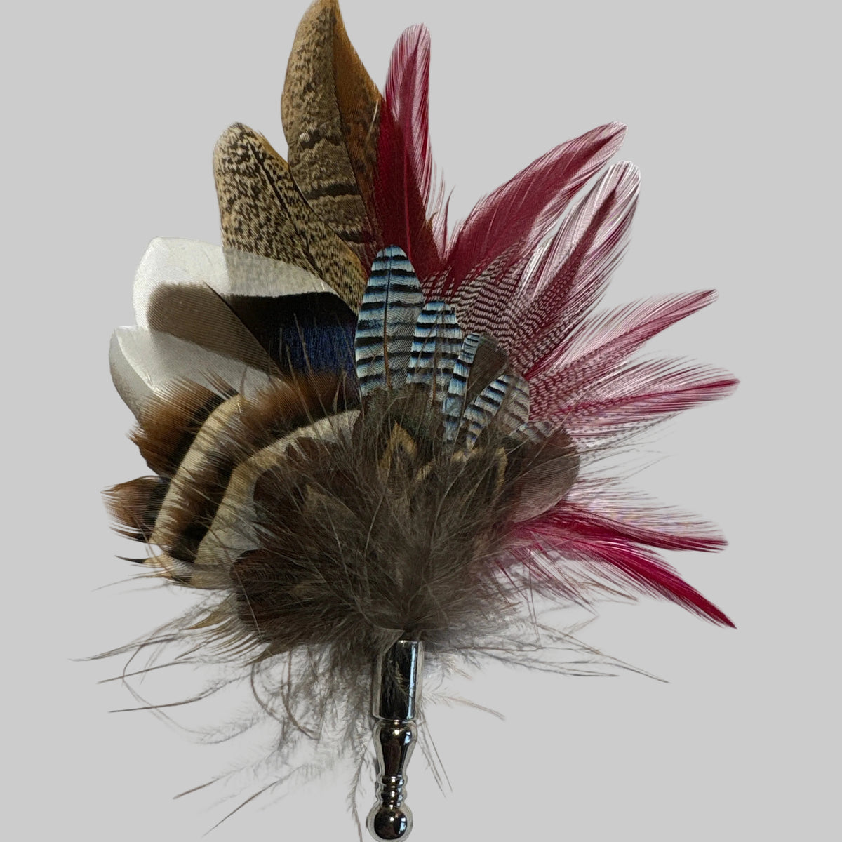 Wine, blue & Natural Feather Lapel Pin CFLP273