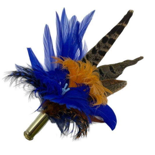 Orange, Royal Blue & Natural Feather Hat Pin (CFP543)