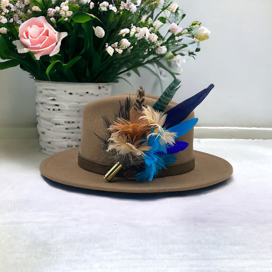 Peach, Coffee, Turquoise & Blue Feather Hat Pin (CFP405)