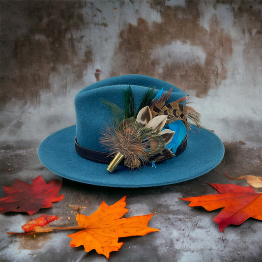 Peacock, Blue & Natural Feather Hat Pin (CFP279)- REDUCED EX-DISPLAY